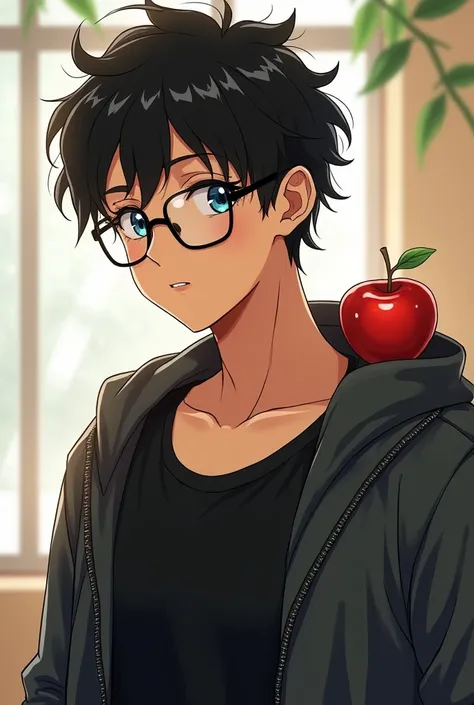 Man with short curly black hair, wearing glasses and a black tank top with a motocross jacket, estilo after school lessons unripe apples 