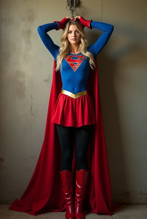 supergirl, full blue body suit, long blonde hair, red elbow gloves, red gauntlets, black tights, red boots, red skirt, gold belt, really long red cape, standing, looking straight,  full image from head and legs, realistic, bdsm, bondage, bound, bondage, Ch...