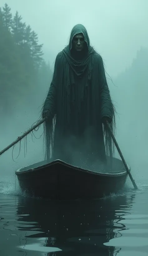 Ghostly Ferryman, with hollow, sunken eyes, staring out from his boat in day time 