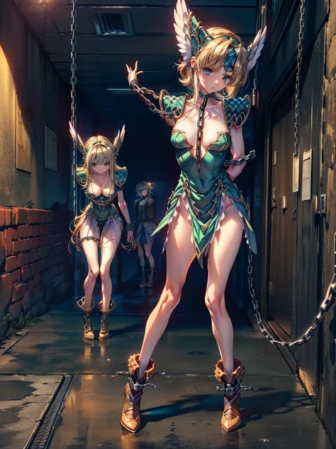 (masterpiece, Highest quality:1.2), Cowboy Shot, alone, one person, Riesz,  View your viewers,, Long hair tied low, Winged Helmet,green dress, armor, shoulder armor, Bridal Gauntlet, Cleavage,(In a prison with iron bars:1.4),(The whole body is restrained w...