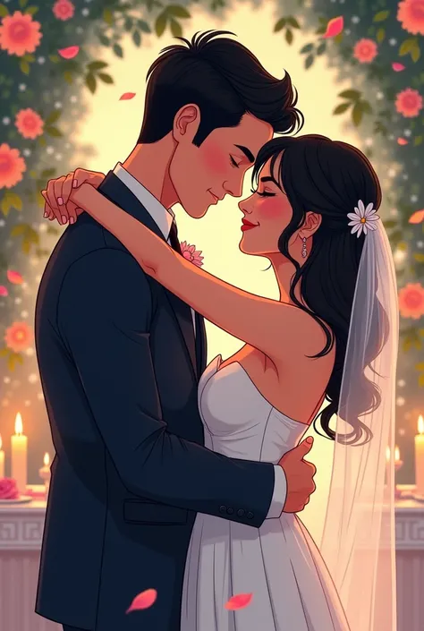 A men with short black hair, wearing suit on his wedding day, softly smiling, slow dance, eyes closed in comic 