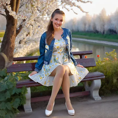 A beautiful European woman with BROWN hair, ponytail in a realistic acrylic art style, little smile, wearing 80´s summer dress, denin jacket, glossy tan tights, and white wedges shoes, sitting on flowery florest scenario, cold morning lights