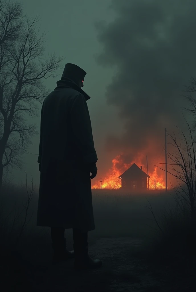 A mysterious figure in the shadows, watching a house burn from a distance