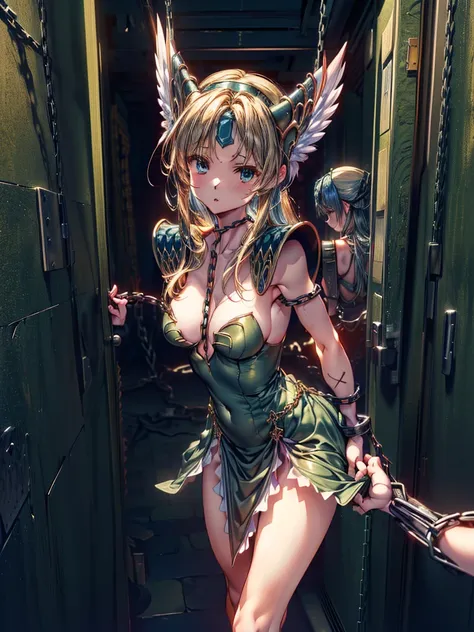 (masterpiece, Highest quality:1.2), Cowboy Shot, alone, one person, Riesz,  View your viewers,, Long hair tied low, Winged Helmet,green dress, armor, shoulder armor, Bridal Gauntlet, Cleavage,(In a prison with iron bars:1.4),(The whole body is restrained w...