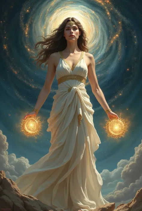 greek goddess of wrath and serenity, keeper of the cosmic equilibrium, a goddess that possess two powers, chaos and order, and is said to be the creator of everything, that keeps balance between life and death, chaos and order, and holds two artifacts depi...