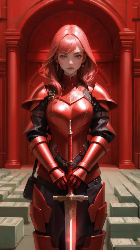 a futuristic girl guarding money, red vault, metallic Armour, holding sword.