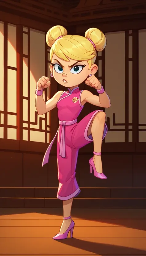 lola loud, 1girls, solo, 7yo girl, child, pink cheongsam, inside of a chinese temple, looking at viewer, blonde hair, two hair b...