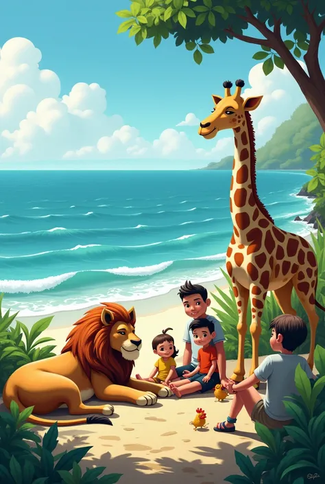 The family enjoy very much near the ocean a head lion sleep and giraffe and around chicken play 