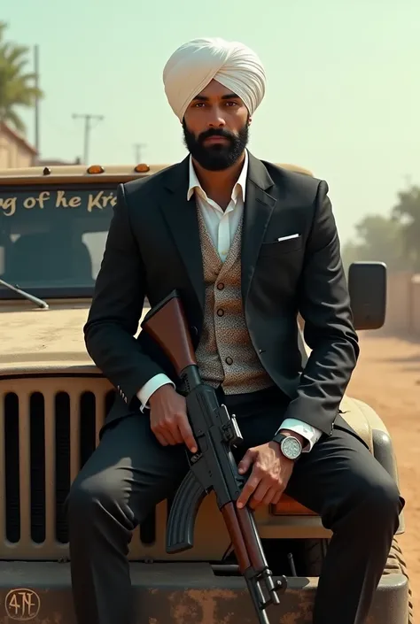 A Punjabi man looking like a sarkar of government & area with jeep on sitting and write on jeep on king of area and black suit and white pagdi. And in hand ak47 