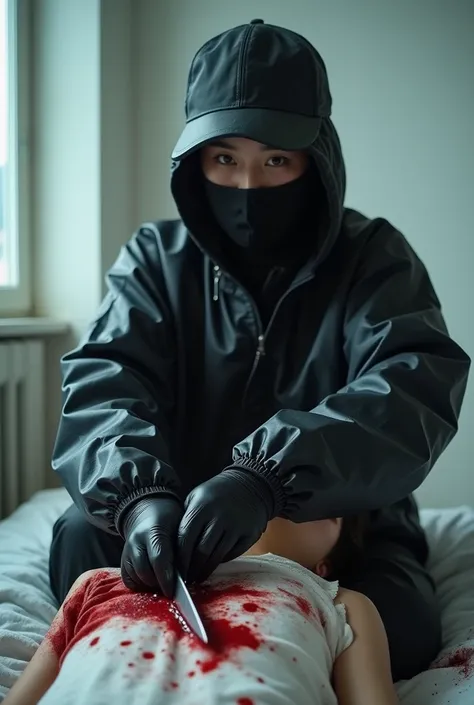 korean girl, (behind stiff, holding knife), stabbing, black balaclava mask, black gloves, white room, black raincoat, black wet suit, trucker hat, bloody knife, black gloves,, woman on top, behind cadaver, blood splatter, on the bed, girl only, looking at ...