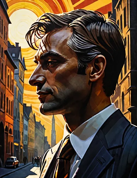 (Close-up) profile of a man in a suit about 3 in the city with the sun on his face, dark fantasy paper style from the 70s, with intense painting in a German romantic style. Shadows and spectacular lighting.