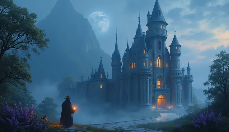 Mysterious Castle、Misty landscape、Majestic Tower、Intricate stone carvings、Ethereal glow、Bright colors、Enchanting atmosphere、Breeze、Hidden Secrets、Twinkling moonlight、Whimsical Creatures。(highest quality、High resolution、Super detailed)、ancient architecture、...