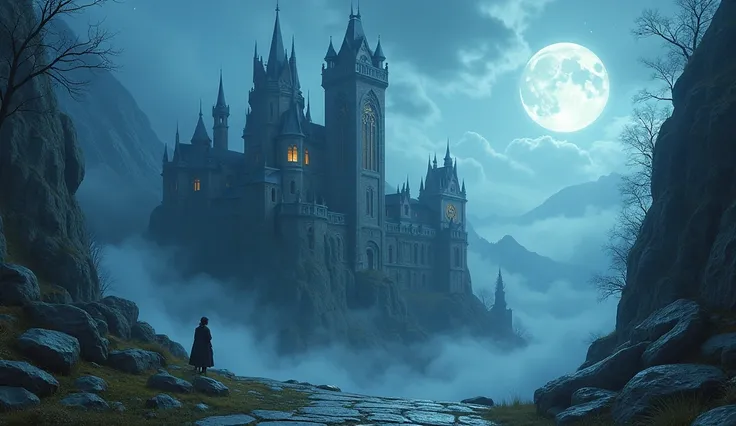 Mysterious Castle、Misty landscape、Majestic Tower、Intricate stone carvings、Ethereal glow、Bright colors、Enchanting atmosphere、Breeze、Hidden Secrets、Twinkling moonlight、Whimsical Creatures。(highest quality、High resolution、Super detailed)、ancient architecture、...