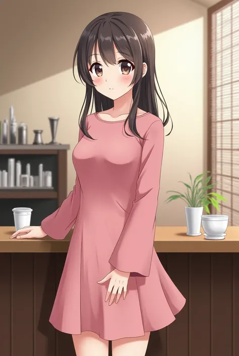 A 2 Japanese woman is standing、Pink dress、The whole body is shown、The eyes are double、Long hair combed back、Cafe