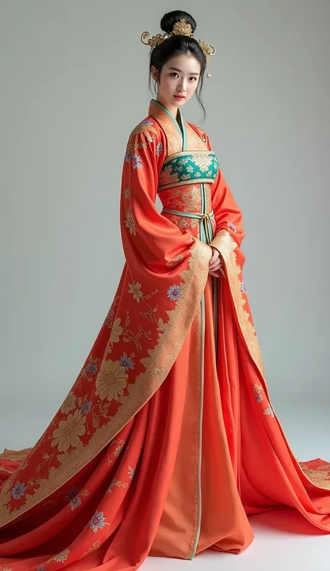  Photo,full body, Realistic,  Photoshoot, HD,  (Chinese girl), (Chinese model),  Upper body, Neatly arranged eyebrows,  Rounded chin,  Wide forehead, Rounded protrusion, Smooth and beautiful), Legs, (Hanfu), Queen, Cosplay photoshoot, (Beautiful dress), (B...