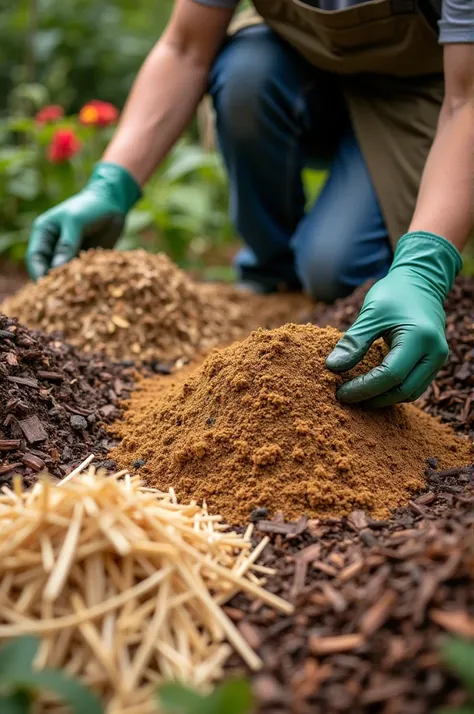 generate a photo that person choosing mulch materials organic options like straw, leaves or wood chips work the best