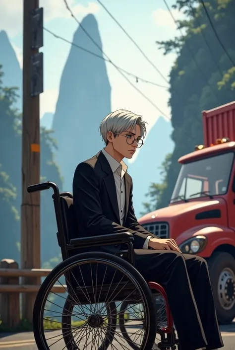 Japanese beautiful comics,Background mountain road,A red container truck,Handsome male protagonist,White short hair,Black suit,Gold glasses,Sitting in a wheelchair,Camera distance 30 meters,There is a truck and a male protagonist in the picture