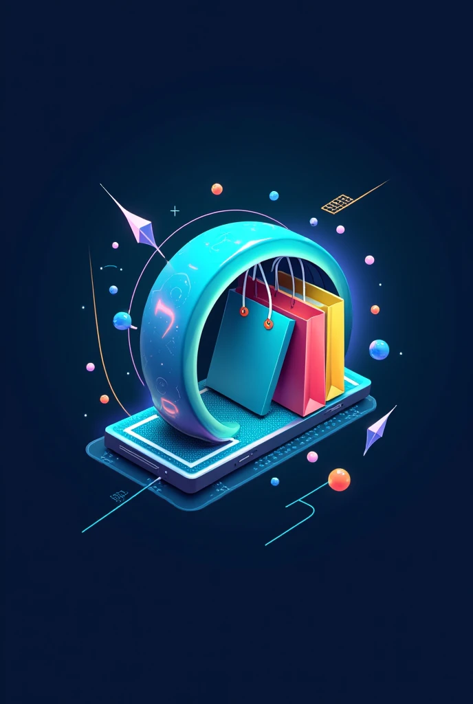 Create a futuristic logo for an electronics store called Duarte Store. The logo should include elements such as a cell phone and a shopping bag. Use bold colors such as blue and green, but feel free to add other vibrant colors. The design should convey a m...