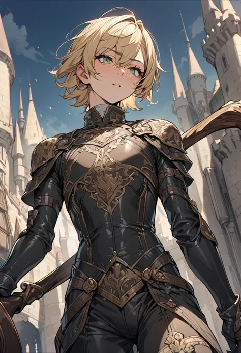 Cowboy shot, detailed illustration, ultra detailed, best quality, dynamic angle, 1boy, femboy, androgynous, beautiful, short blonde hair, green eyes, light freckles, leather armor, castle, carrying scythe