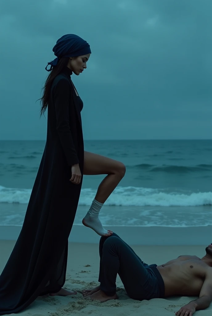 Navy blue headscarf on the beach, Black long coat, white socks, Sexy skinny woman. Man lying in front of woman. Woman puts her foot on the front of man&#39;s sweatpants. 