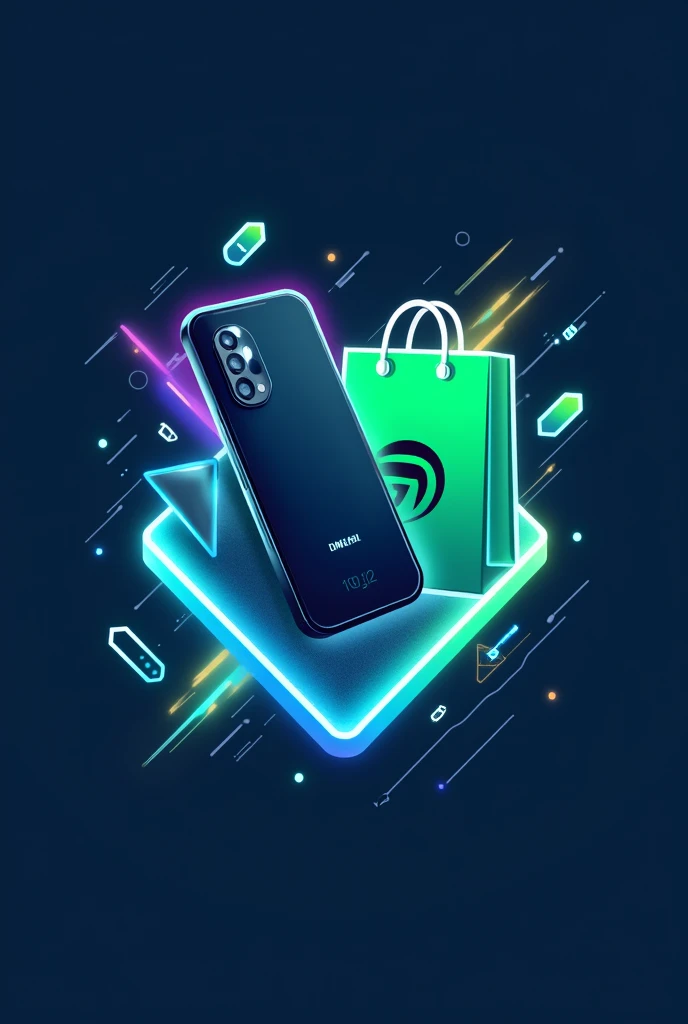 Create a futuristic logo for an electronics store called Duarte Store. The logo should include elements such as a cell phone and a shopping bag. Use bold colors such as blue and green, but feel free to add other vibrant colors. The design should convey a m...