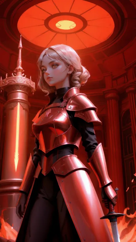 a futuristic girl guarding money, red vault, metallic Armour, holding sword of flames, a money vault in background