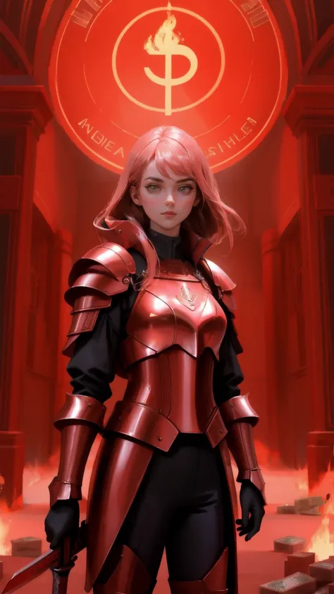 a futuristic girl guarding money, red vault, metallic Armour, holding sword of flames, a money vault in background
