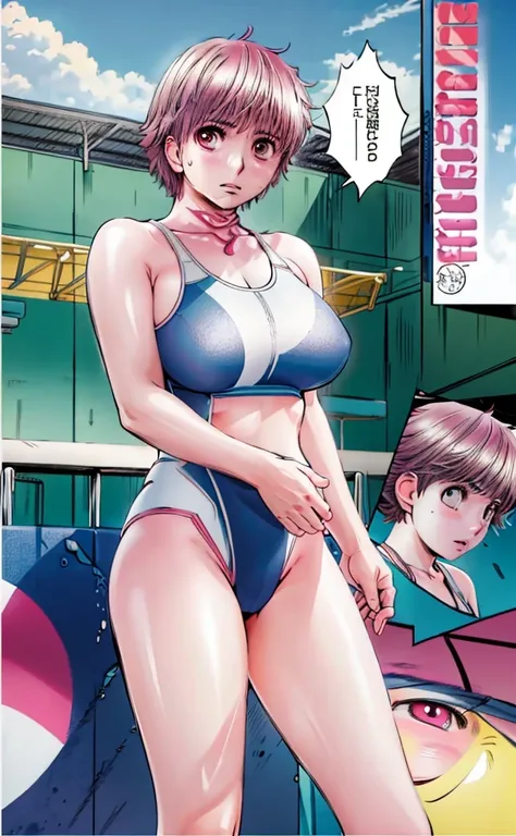 A beautiful girl with short hair, boyish features, big breasts, and beautiful legs is wearing a bright pink high-cut competitive swimsuit with the arena logo on it. She is standing by the pool with her legs spread to the sides, blushing, and with her mouth...