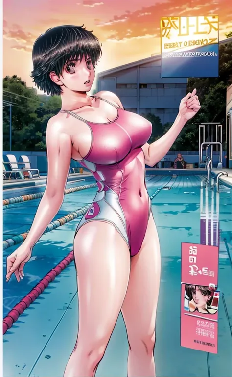 A beautiful girl with short hair, boyish features, big breasts, and beautiful legs is wearing a bright pink high-cut competitive swimsuit with the arena logo on it. She is standing by the pool with her legs spread to the sides, blushing, and with her mouth...