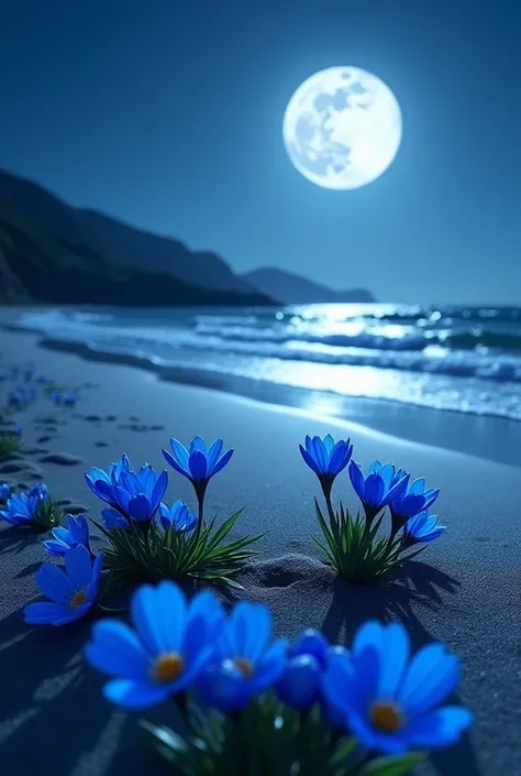 a full moon night on a beach with blue flowers