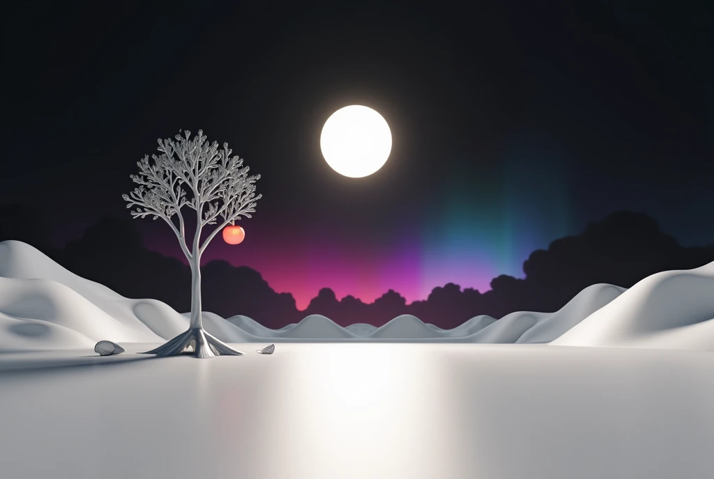 A minimalist 3D render of a surreal landscape. A smooth, geometric plane stretches towards a horizon where a single, perfectly spherical sun hangs low in the sky, casting a stark, single shadow. A single, impossibly tall, metallic tree pierces the landscap...