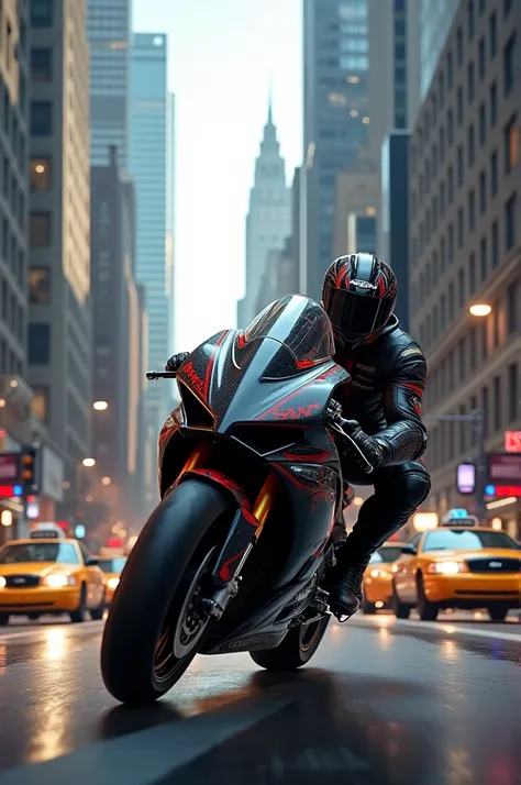 Riding Superbike in Busy street of newyork and between skyscrapers 