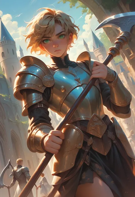 Illustration, detailed illustration, ultra detailed, best quality, dynamic angle, 1boy, femboy, androgynous, beautiful, short blonde hair, green eyes, light freckles, leather armor, castle, carrying scythe