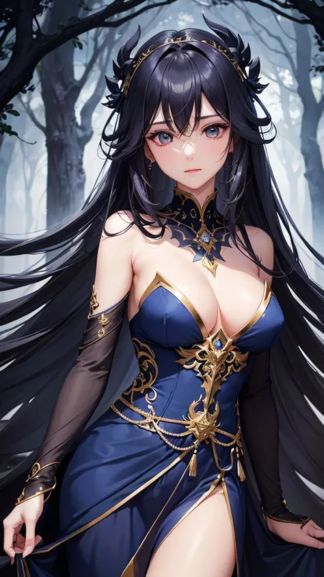 "Create a digital anime style illustration of a beautiful goddess of the night。, Long, lightly wavy black hair. She is wearing a dark blue dress decorated with small jewels...., Perfect for a fantasy theme. The dress has a beautiful, flowing design.、Show o...