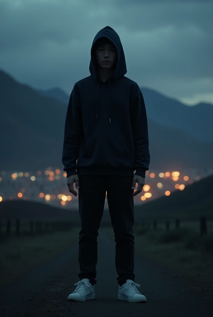 The dark midnight   the black hoodie black pants white sneaker blur face middle hair head  high nose   mongolian 182cm Temuugei boy see face from the left side  face blur from mountain and ulaanbaatar city 