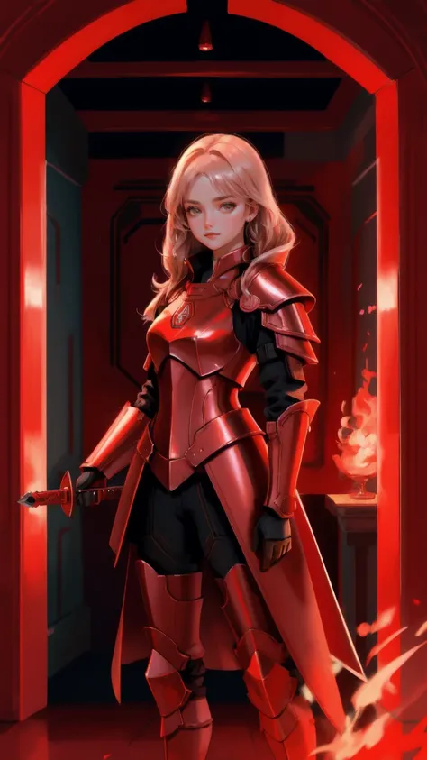 a futuristic girl guarding money, red vault, metallic Armour, holding sword of flames, a money vault in background, money coins in the background
