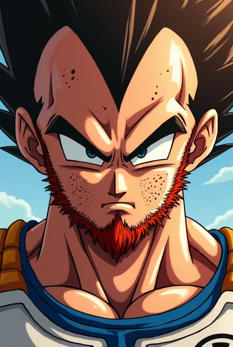 Make me a very freckled Vegeta, with brown hair and a short beard (three days) that is red