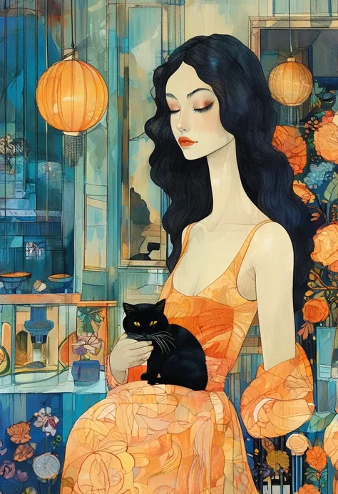 masterpiece,最high quality,Organic Style、A long-haired woman lovingly holds a cat、Surrealism,figure,Diane Dillon Style,最高masterpiece、high quality、黄金比の構figure、