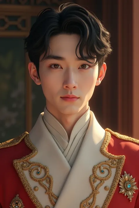 handsome korean man in English Coronation prince outfit. monolid and slightly looking sleepy eyes. square and a bit round face shape with two blocks hair cut. half body painting