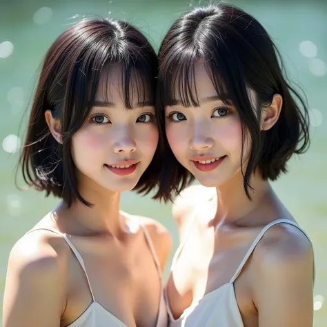 Identical twin sisters、RAW Photos, Highest quality, masterpiece, ((Realistic)), Japanese women, 20-year-old,  whole body, Black Hair, Light grey eyes, Short Bob Cut, Divide your hair into 3/7ths, hair above one ear, Symmetrical eyes, Detailed skin, Detaile...