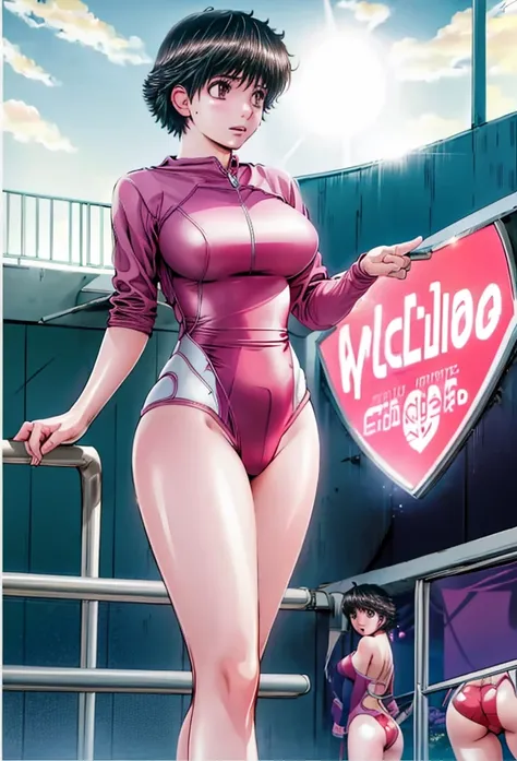 A beautiful woman with short hair, big breasts, and beautiful legs is standing by the pool in a bright pink high-cut swimsuit with the arena logo on it, with her legs spread to the sides and her face blushing, looking towards me.。