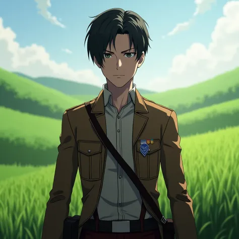 There is a shadow、Photorealistic、3d、Ultra HD、Front view、Captain Levi from Attack on Titan、Digital Art、The background is a grassland