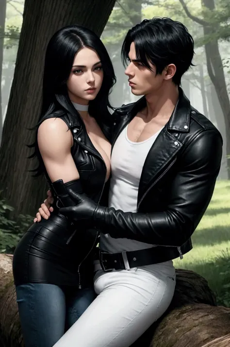 A muscular young man with black hair, wearing a white round-neck shirt and a black leather jacket over it, wearing blue jeans with a zipper down and an erect penis sticking out, black gloves, a black belt, and black combat boots, Having sex with a blonde w...