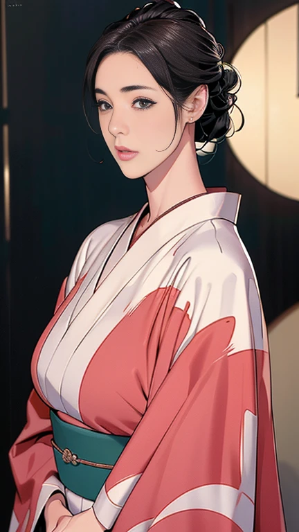 1，Japanese hairstyle，Photorealism，detailed，masterpiece，mature，((full))， (Broad shoulders), ((Huge))，Plus size mature women，expensive，30 years old，Pretty face, (Plump woman)，Beautiful long-sleeved kimono，kimono，Hold your chest with both hands:1，high quality...