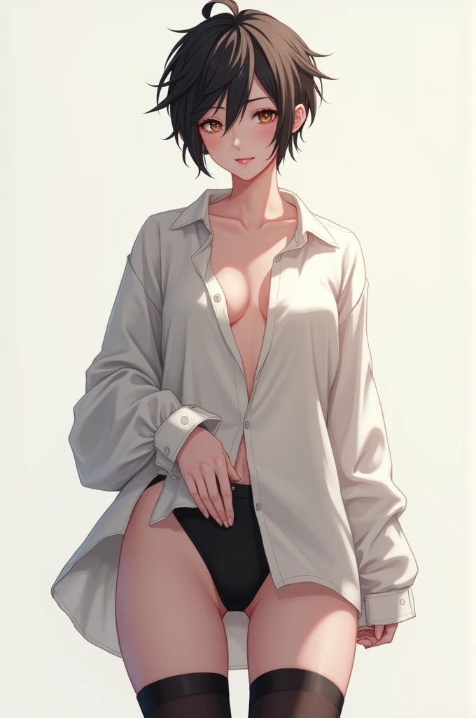 1 Femboy, oversized shirt,only in panties,black stockings, High quality, Masterpiece, thick thighs 