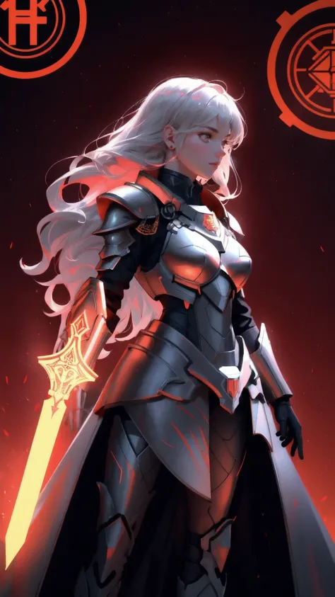 Create an artwork of a female guardian, armored in futuristic, metallic gear, standing vigilantly in front of a secure, red-colored vault. She holds a sword ablaze with digital flames, symbolizing her role as the protector of vast wealth. The vault behind ...