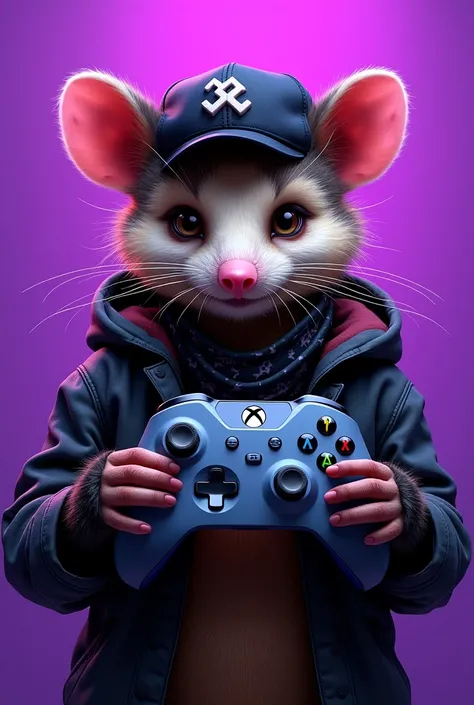 generates a gamer possum with the appearance of a cholo with an xbox controller with a purple background