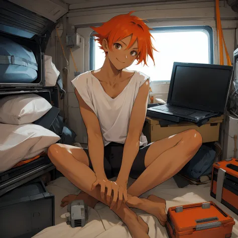 Edward,Sitting on the floor, Typing on a laptop, abdomen,Orange Hair,White shirt,Off the shoulder,clavicle,Sunburn, Black Bike Shorts,goggles, Brown eyes, Space Station,Engine compartment, smile, Bedroom Eyes, chest, chestの谷間 (Very detailed, Beautifully de...