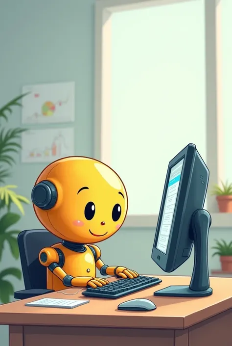 a cartoon style fixing bushing, with eyes, gura, arms, using the computer in the excel program