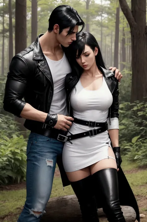 A muscular young man with black hair, wearing a white round-neck shirt and a black leather jacket over it, wearing blue jeans with a zipper down and an erect penis sticking out, black gloves, a black belt, and black combat boots, Having sex with a blonde w...